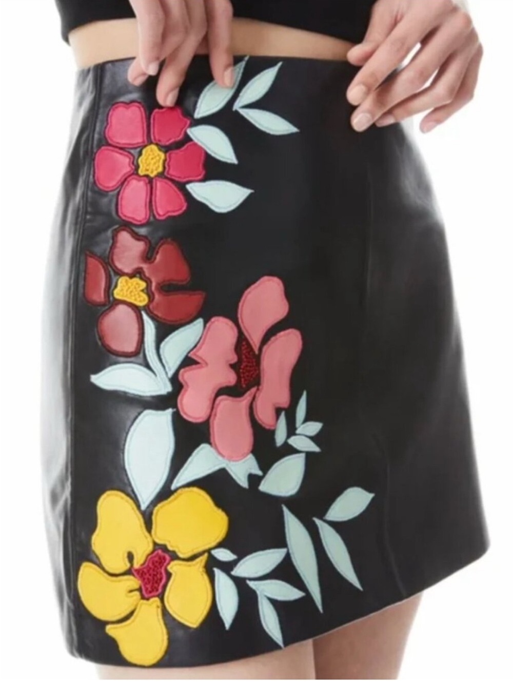 Alice + Olivia Black Faux Leather Mini Skirt with Colorful Floral Appliqués